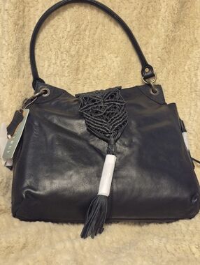Black Women's Leather Tote with Macrame Flap